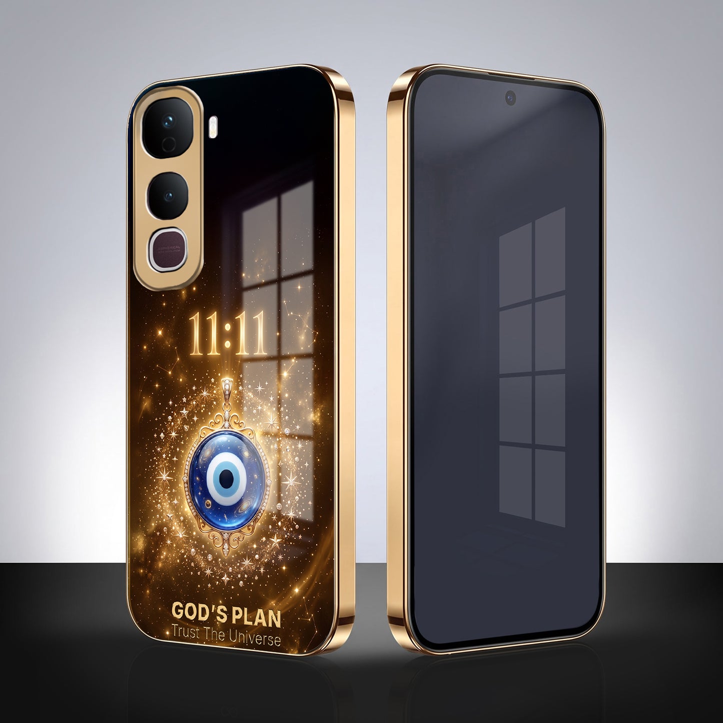 Vivo Y400 Pro God’s Plan Evil Eye Gold Electroplated Glass Phone Back Case