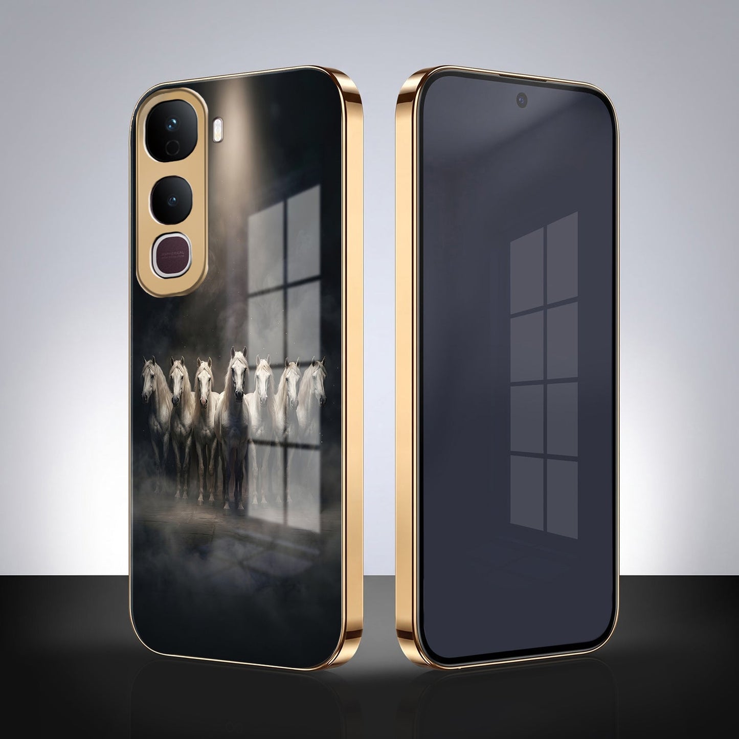 Vivo Y400 Pro 5G Running Horses Gold Electroplated Glass Phone Back Case