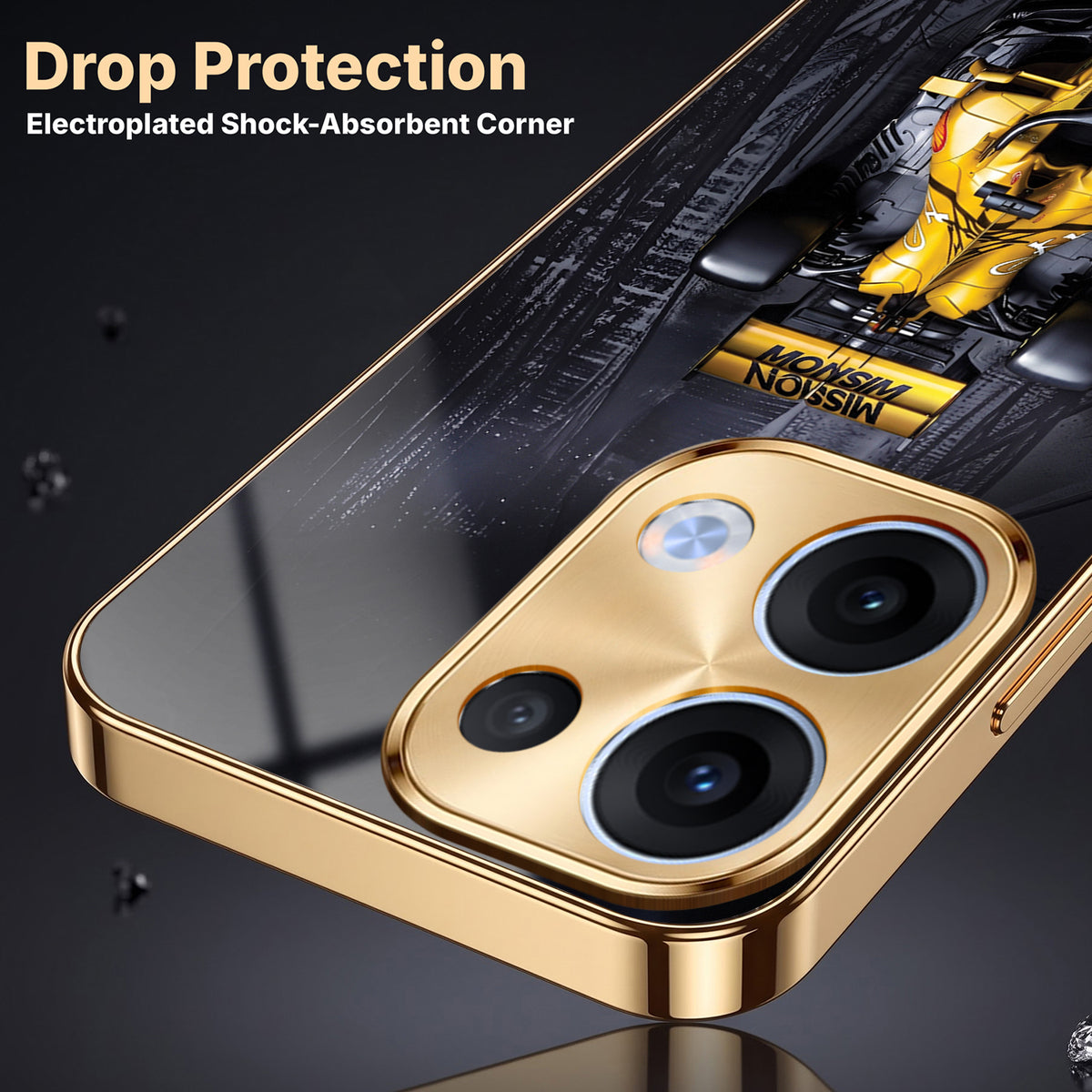 Oppo Reno 13 5G F1 Racing Car Gold Electroplated Glass Phone Back Case