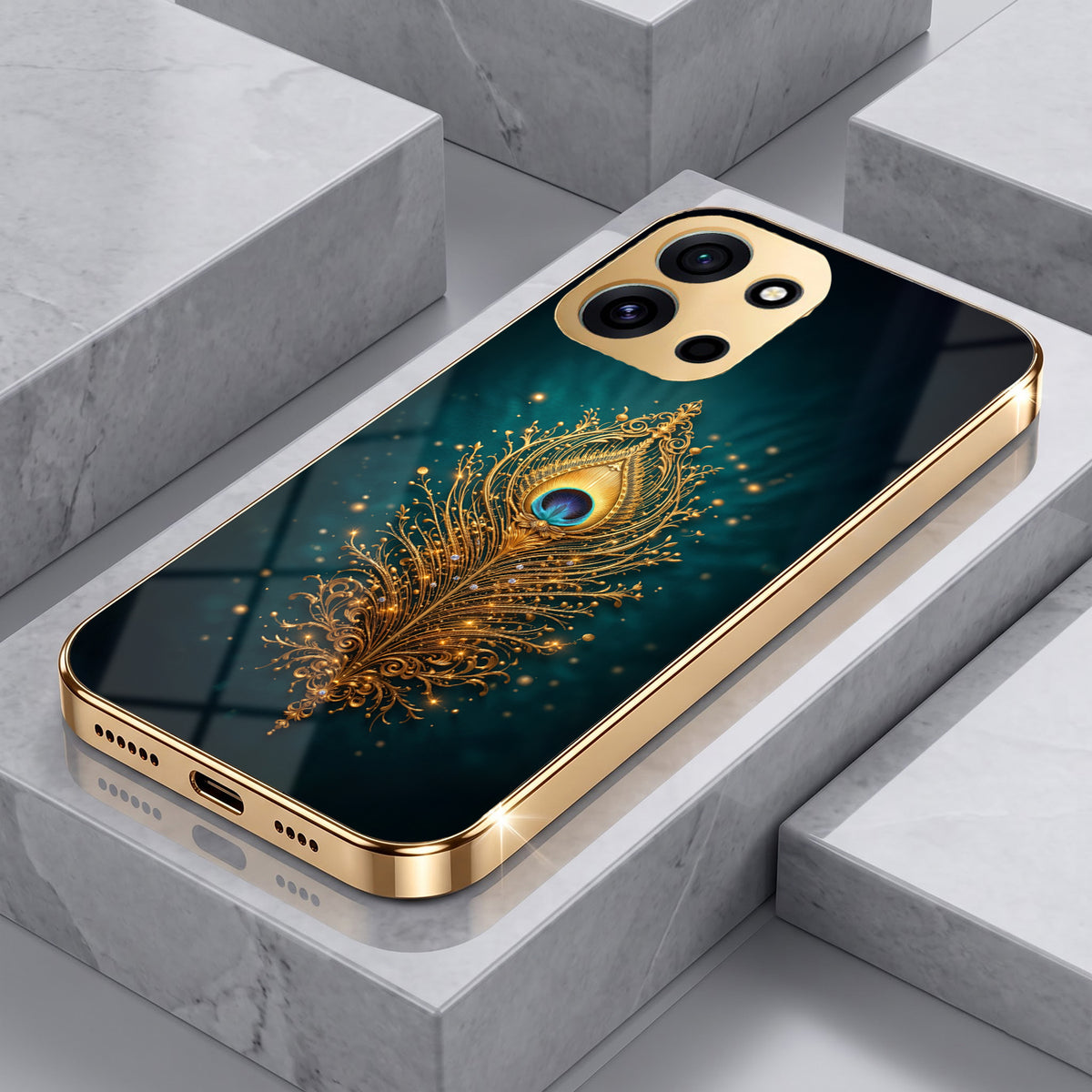 OnePlus Nord 6 5G Golden Peacock Feather Gold Electroplated Glass Phone Back Case