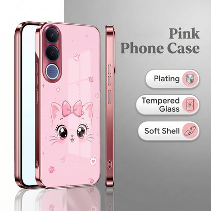 Vivo V70 FE 5G Luxury Cute Cat Pink Electroplated Glass Phone Back Case