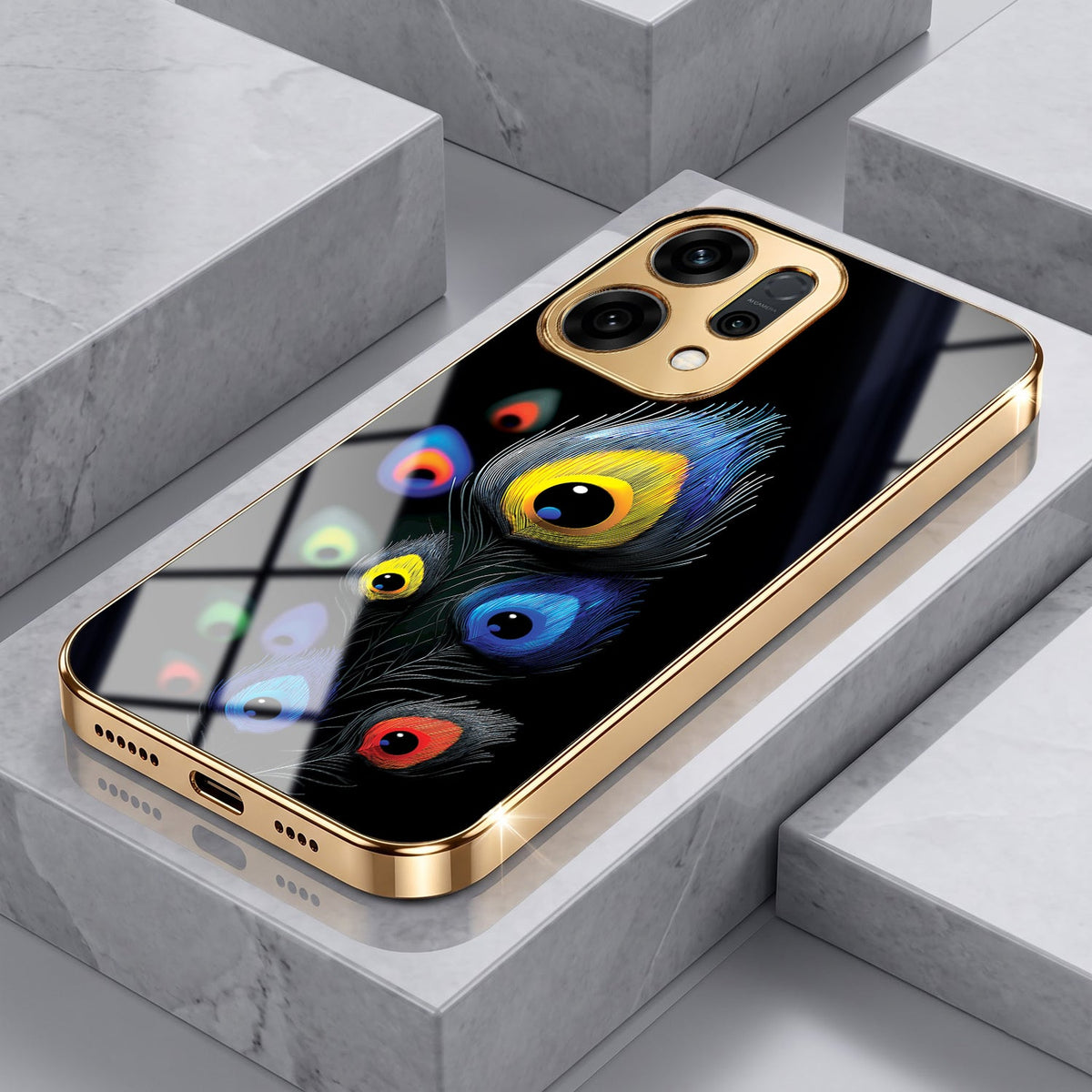 Oppo Reno 14 5G Premium Peacock Feather Gold Electroplated Glass Phone Back Case