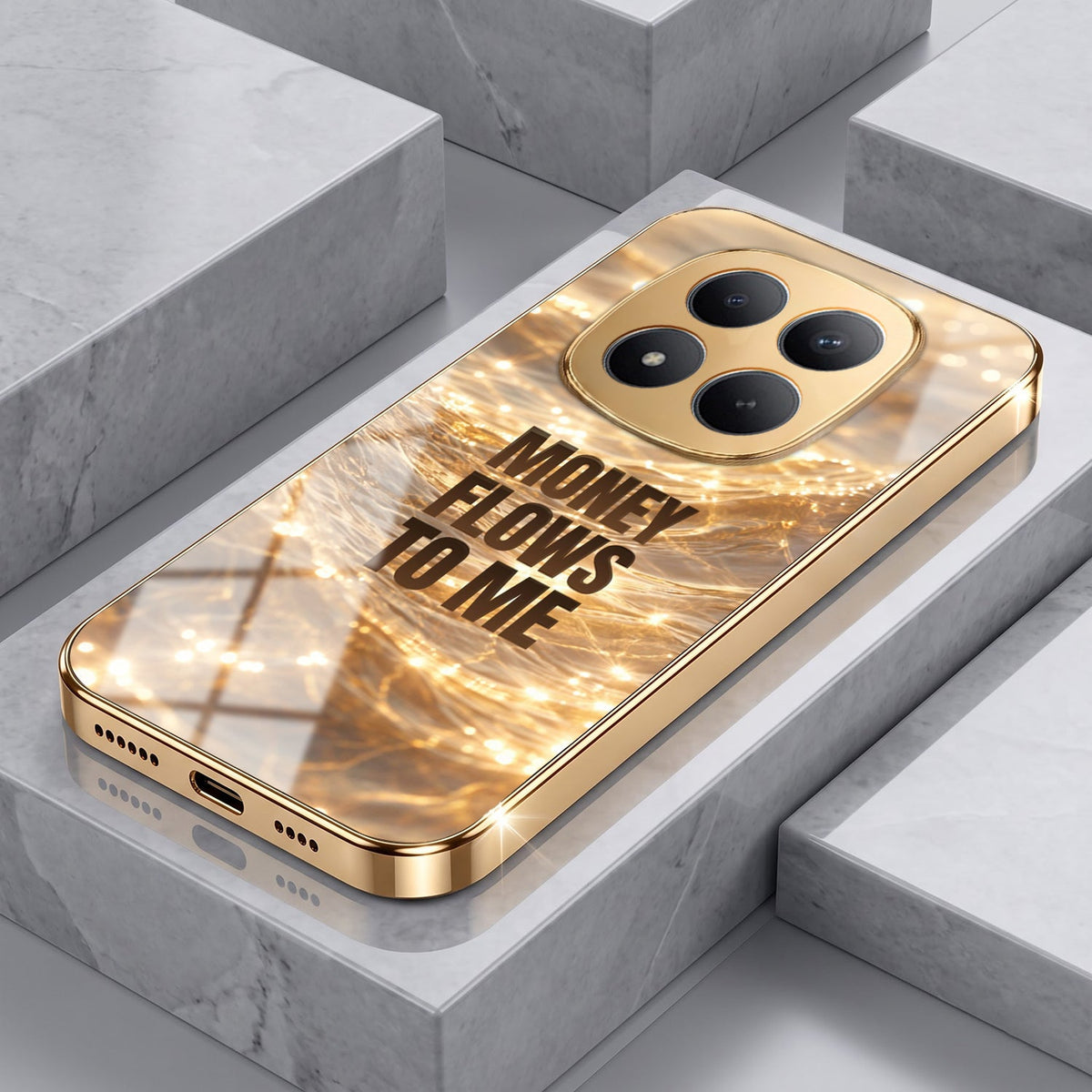 Redmi Note 15 Pro+ 5G Money Flows To Me Gold Electroplated Glass Phone Back Case