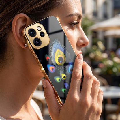 Oppo Reno 15 Pro Mini 5G Premium Peacock Feather Gold Electroplated Glass Phone Back Case