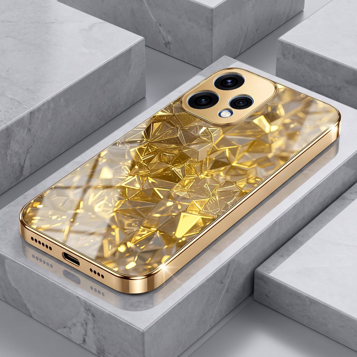 Oppo Reno 15 5G Golden Diamond Shatter Gold Electroplated Glass Phone Back Case