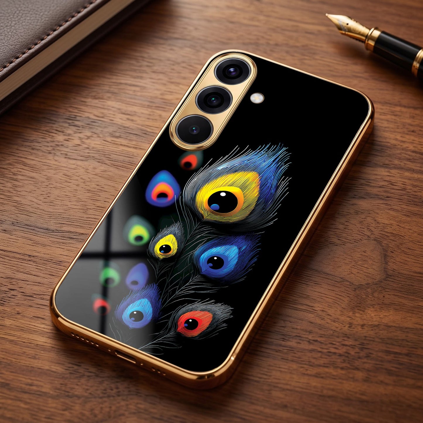 Samsung Galaxy A56 5G Premium Peacock Feather Gold Electroplated Glass Phone Back Case