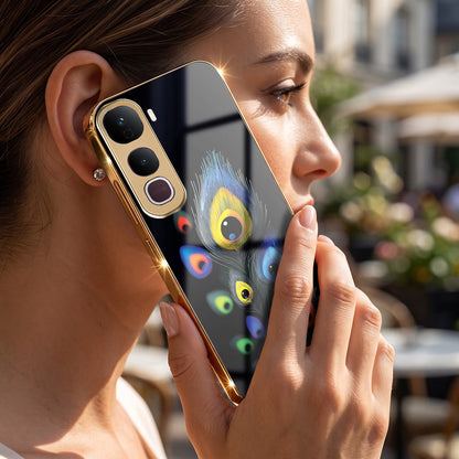 Vivo Y400 Pro 5G Premium Peacock Feather Gold Electroplated Glass Phone Back Case
