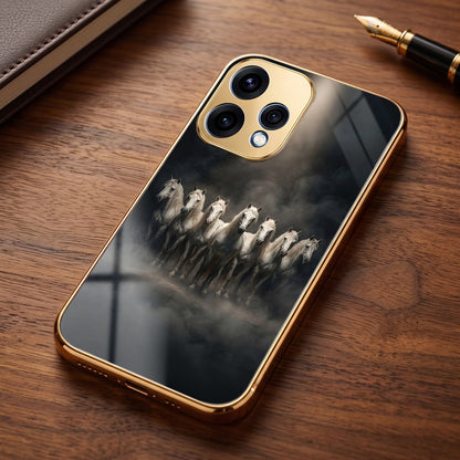 Oppo Reno 15 5G Running Horses Gold Electroplated Glass Phone Back Case