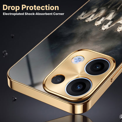 Oppo Reno 13 5G Running Horses Gold Electroplated Glass Phone Back Case