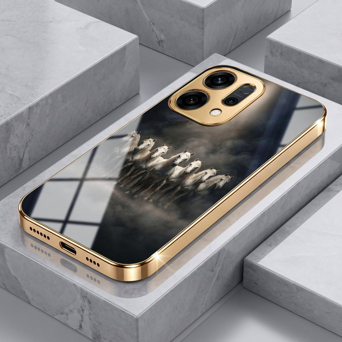 Oppo Reno 14 5G Running Horses Gold Electroplated Glass Phone Back Case