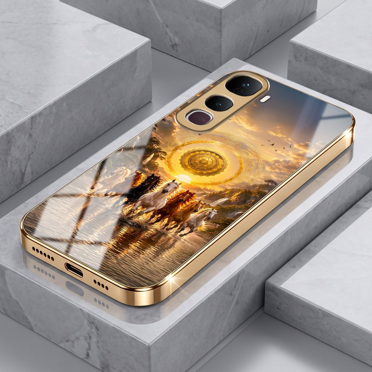Vivo Y400 Pro 5G Celestial Seven Horses Gold Electroplated Glass Phone Back Case