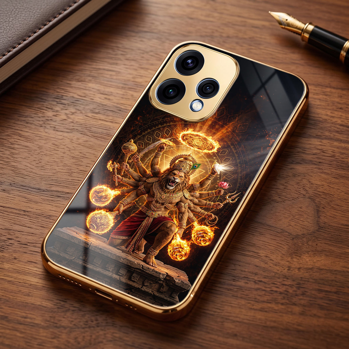 Oppo Reno 15 5G Lord Narasimha Gold Electroplated Glass Phone Back Case