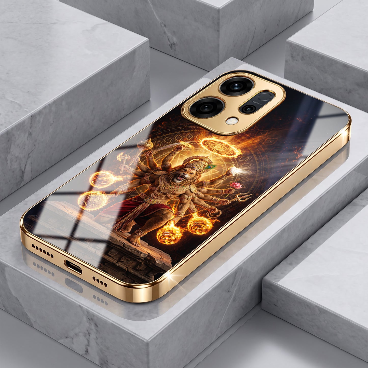 Oppo Reno 14 5G Lord Narasimha Gold Electroplated Glass Phone Back Case
