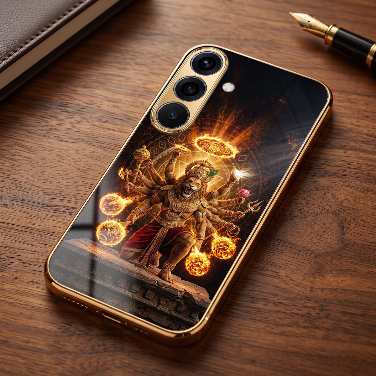 Samsung Galaxy A36 5G Lord Narasimha Gold Electroplated Glass Phone Back Case