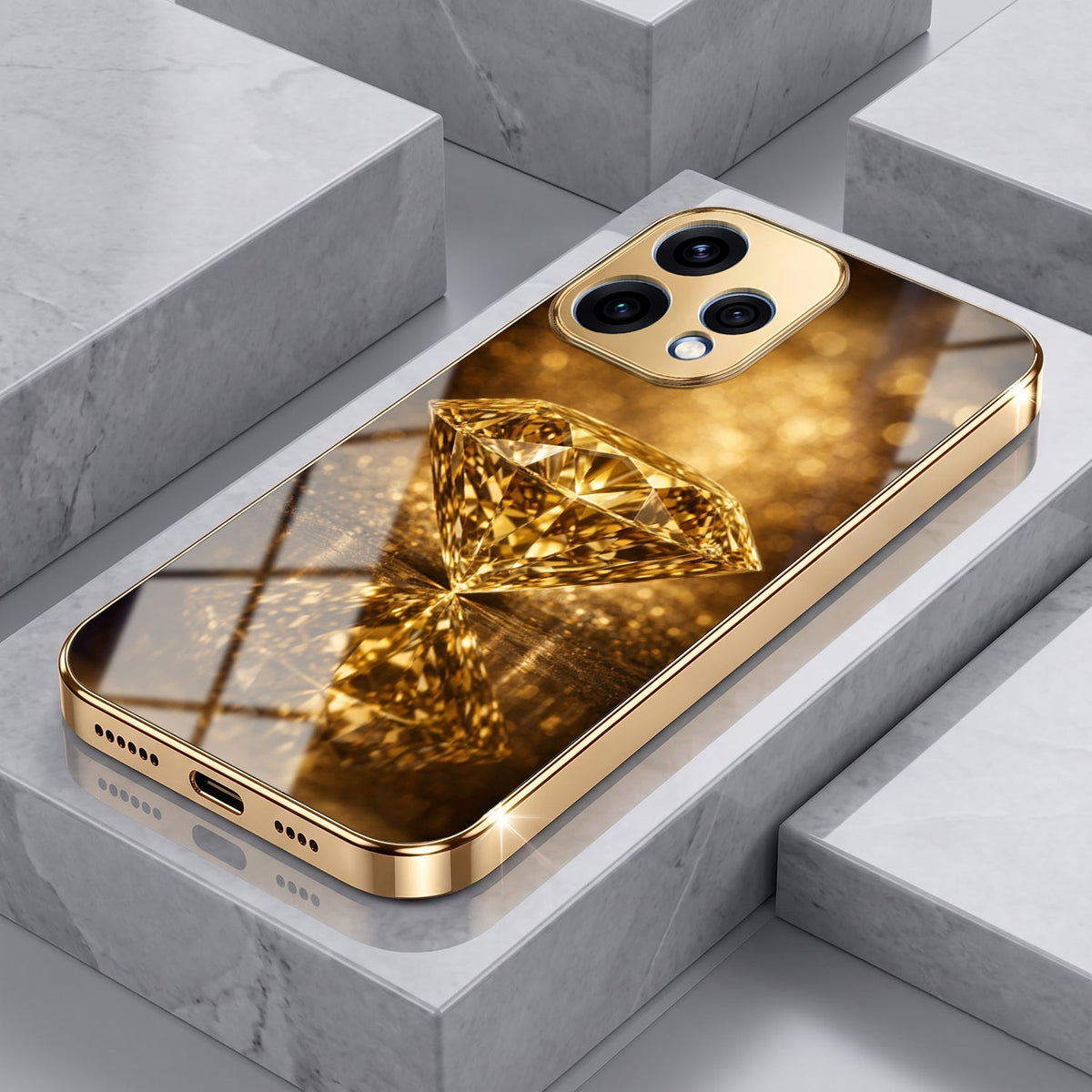 Oppo Reno 15 5G Golden Diamond Gold Electroplated Glass Phone Back Case