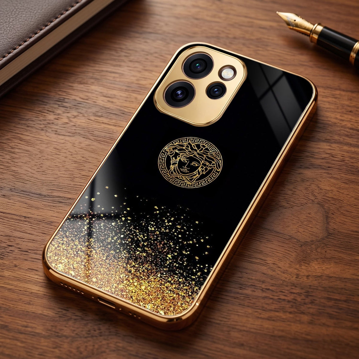 Oppo Reno 15 Pro Mini 5G Medusa Head Gold Electroplated Glass Phone Back Case