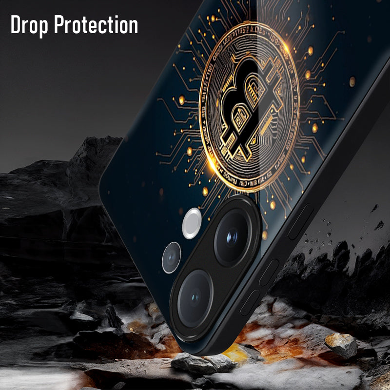 Vivo V60 5G Phone case with Bitcoin design and 'Drop Protection' text on a rocky background