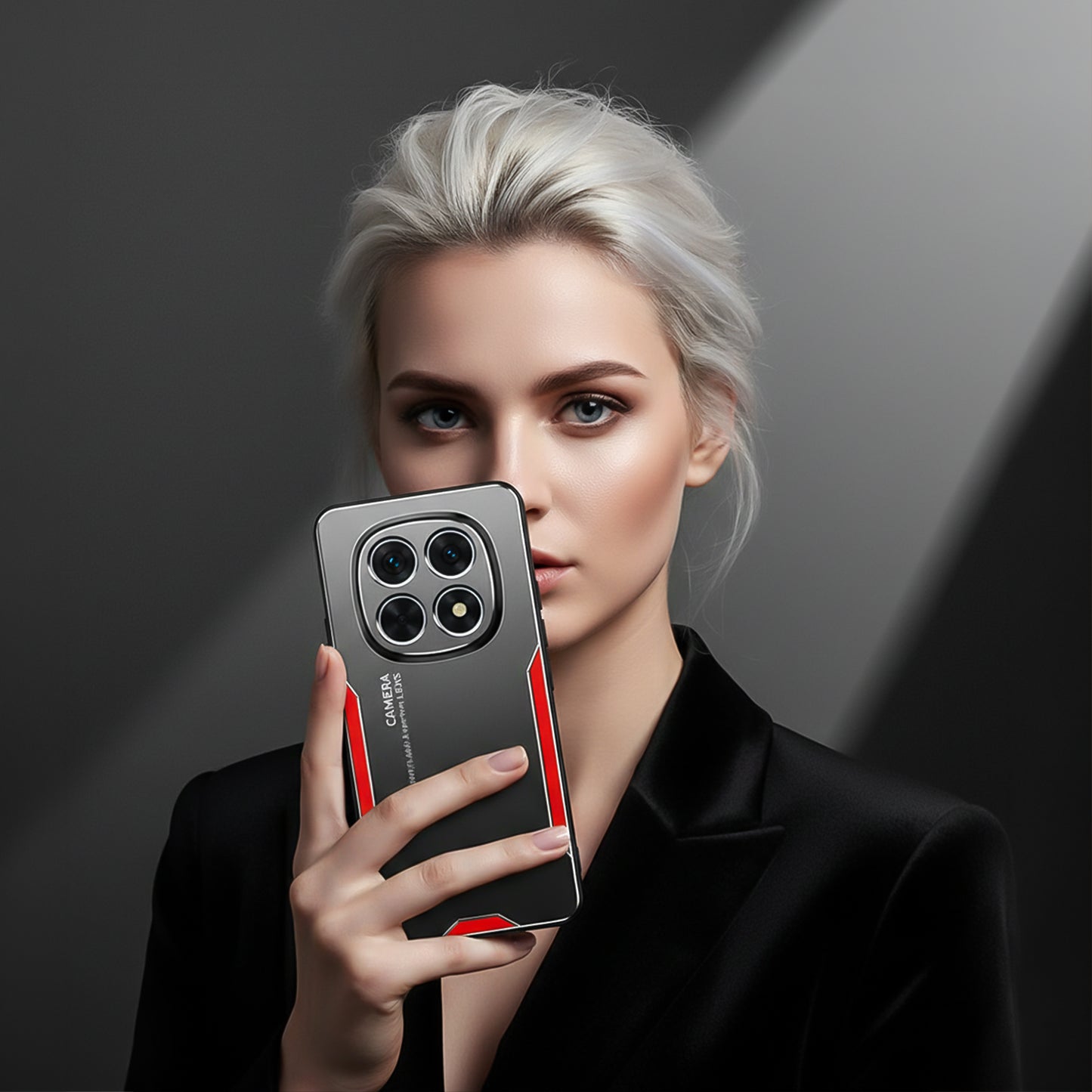 Oppo F29 Pro 5G Luxury Aluminium Metal Frame Protective Case Person holding a smartphone with a black and red case against a dark background