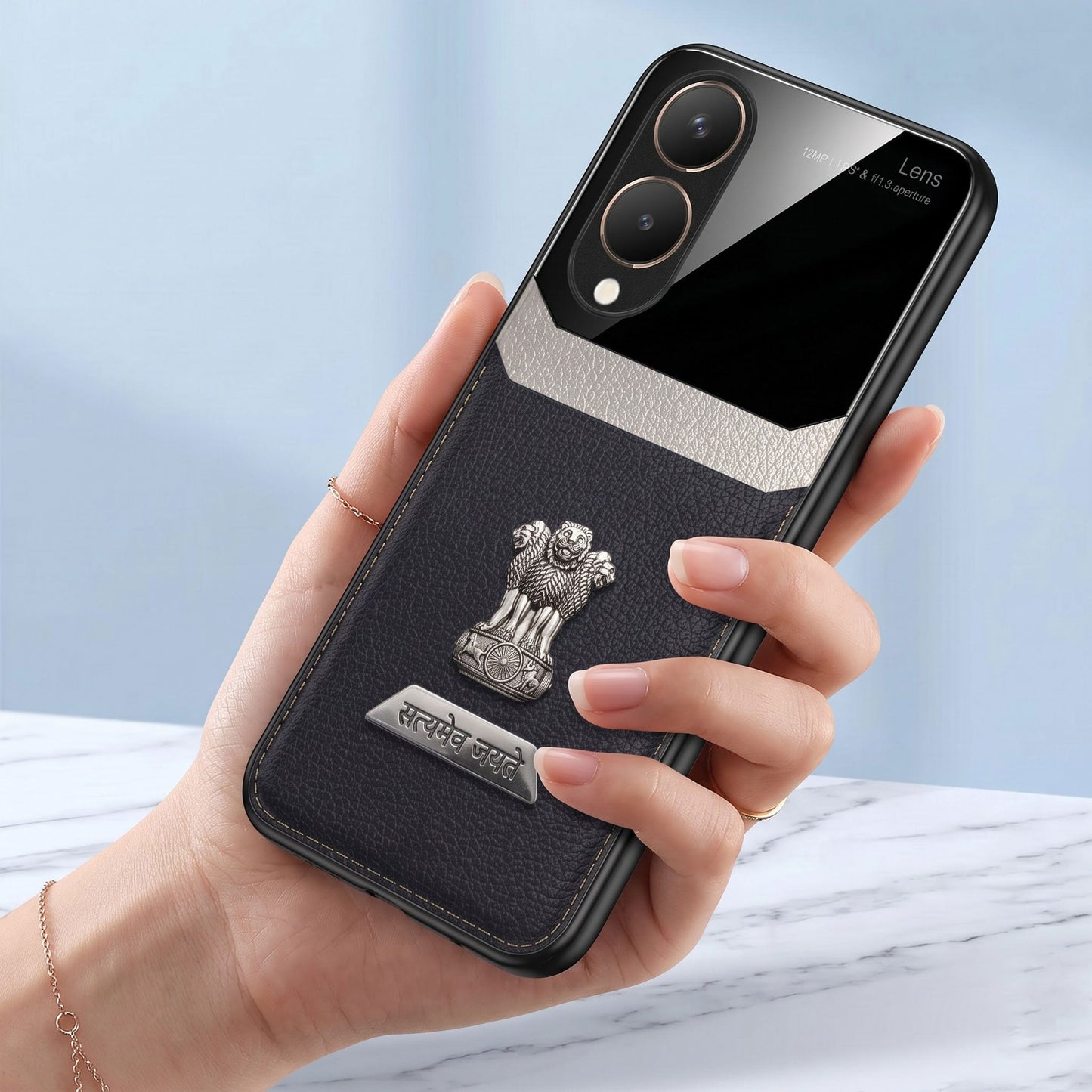 Vivo Y28 5G Satyamev Jayate 2-in-1 Emblem Leather Lens Protective Back Case