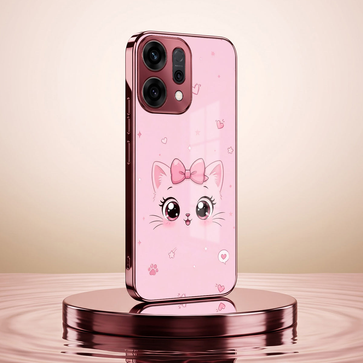 Oppo Reno 14 5G Luxury Cute Cat Pink Electroplated Glass Phone Back Case