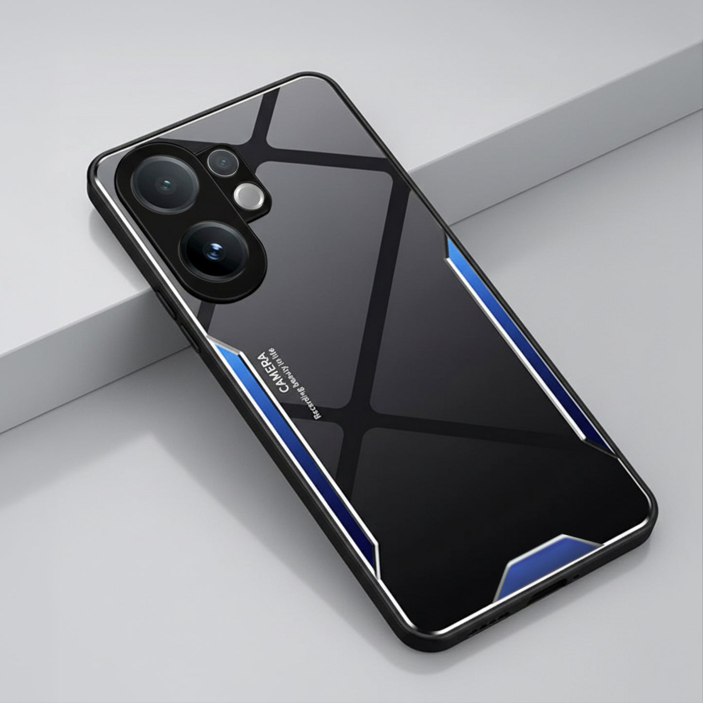 Vivo V60 5G Smartphone with a black and blue case on a light gray background