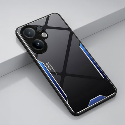 Vivo V60 5G Smartphone with a black and blue case on a light gray background
