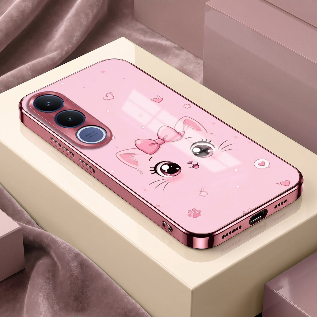 Vivo V70 FE 5G Luxury Cute Cat Pink Electroplated Glass Phone Back Case