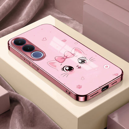 Vivo V70 FE 5G Luxury Cute Cat Pink Electroplated Glass Phone Back Case
