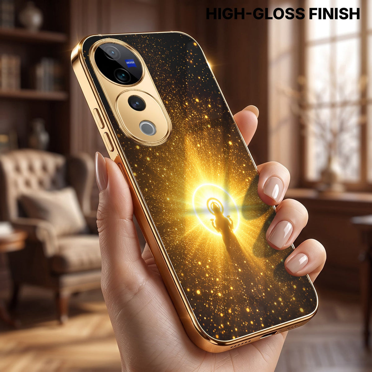 Vivo V40 Pro 5G Lakshmi Sacred Gold Electroplated Glass Phone Back Case