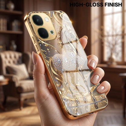 Vivo T5X 5G Luxury Horse Texture Gold Electroplated Glass Phone Back Case