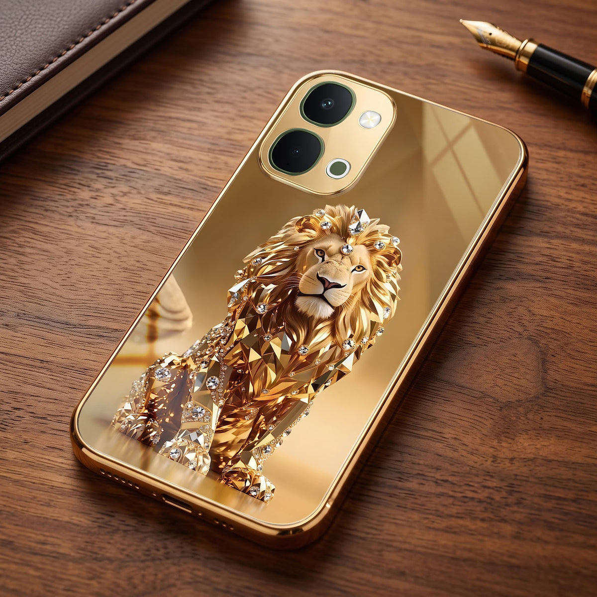 Vivo T5X 5G Luxury Lion Gold Electroplated Glass Phone Back Case