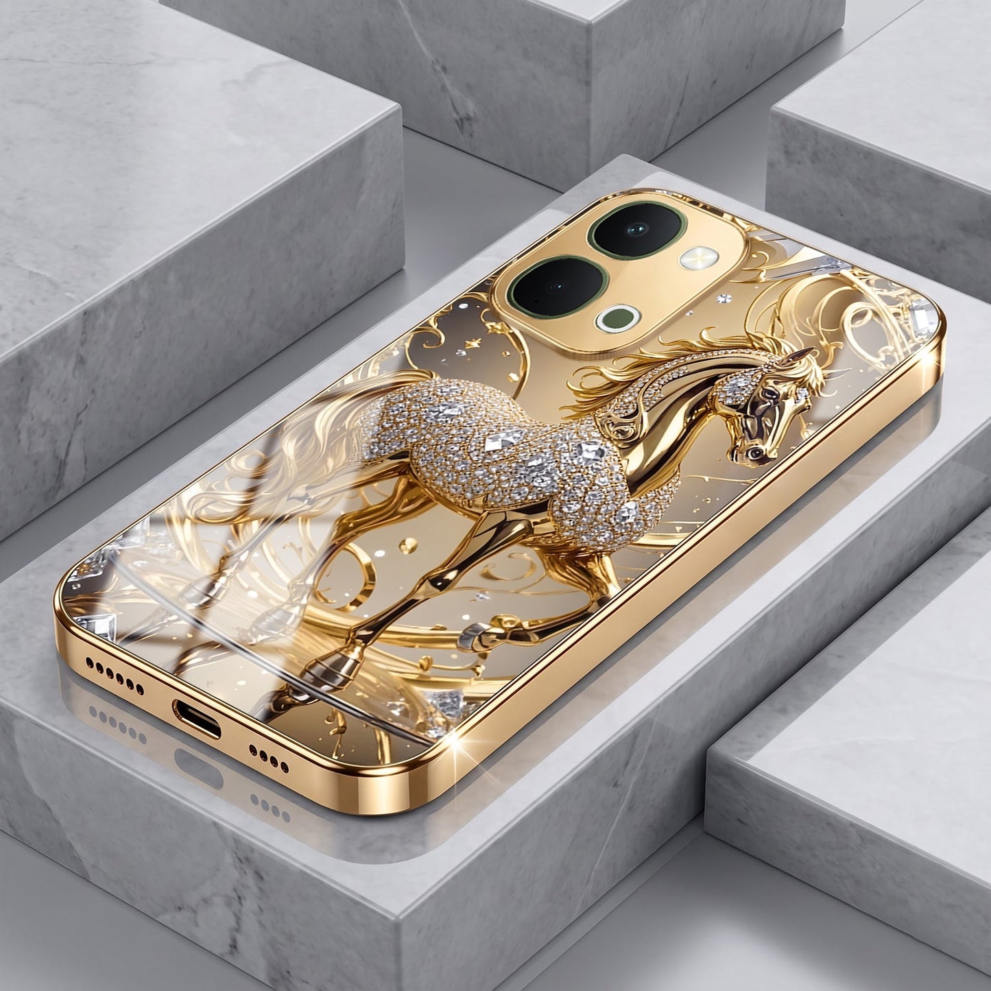 Vivo T5X 5G Luxury Horse Texture Gold Electroplated Glass Phone Back Case