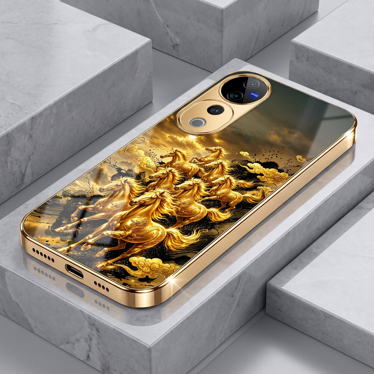 Vivo V40 Pro 5G Celestial Seven Horses Gold Electroplated Glass Phone Back Case