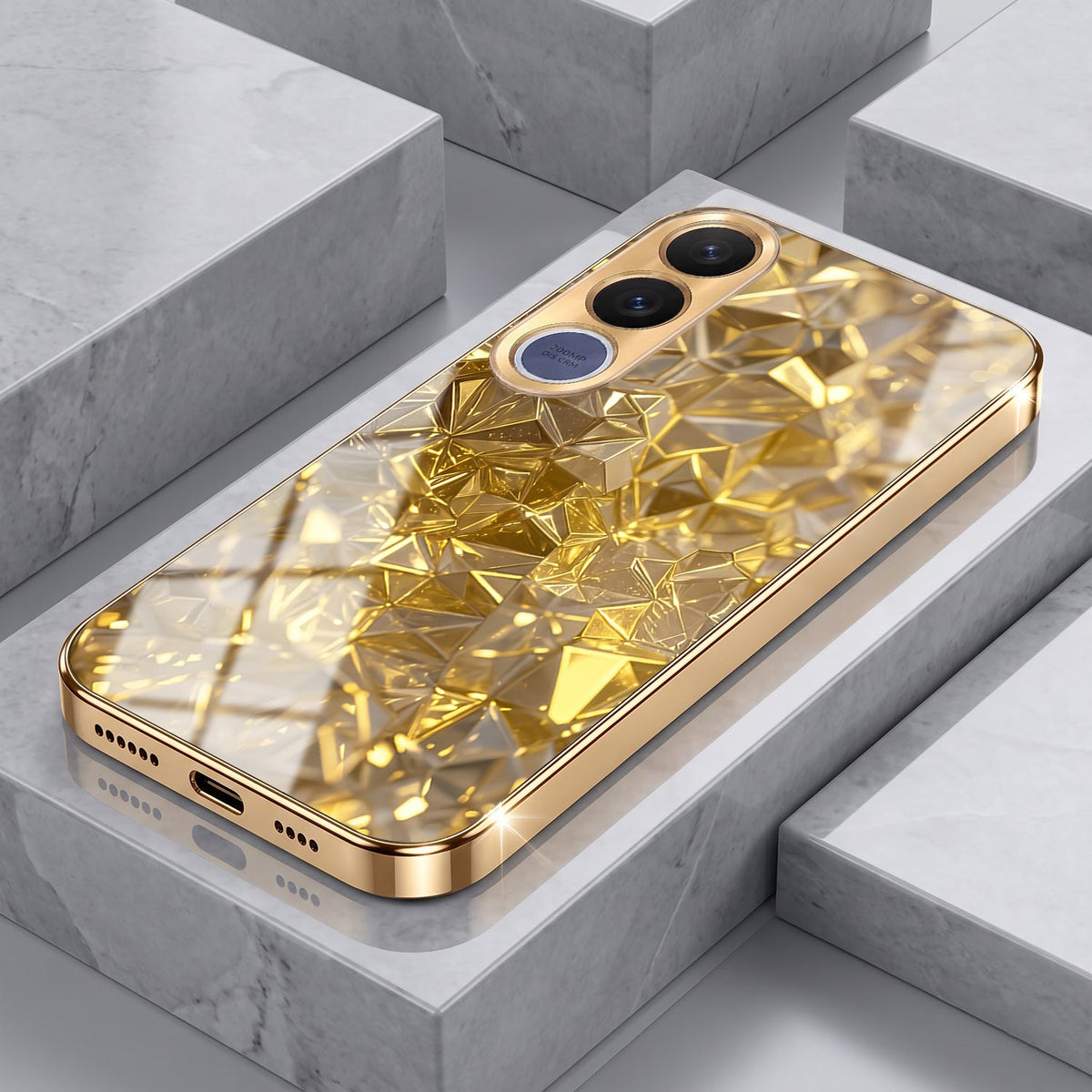 Vivo V70 FE 5G Golden Diamond Shatter Gold Electroplated Glass Phone Back Case