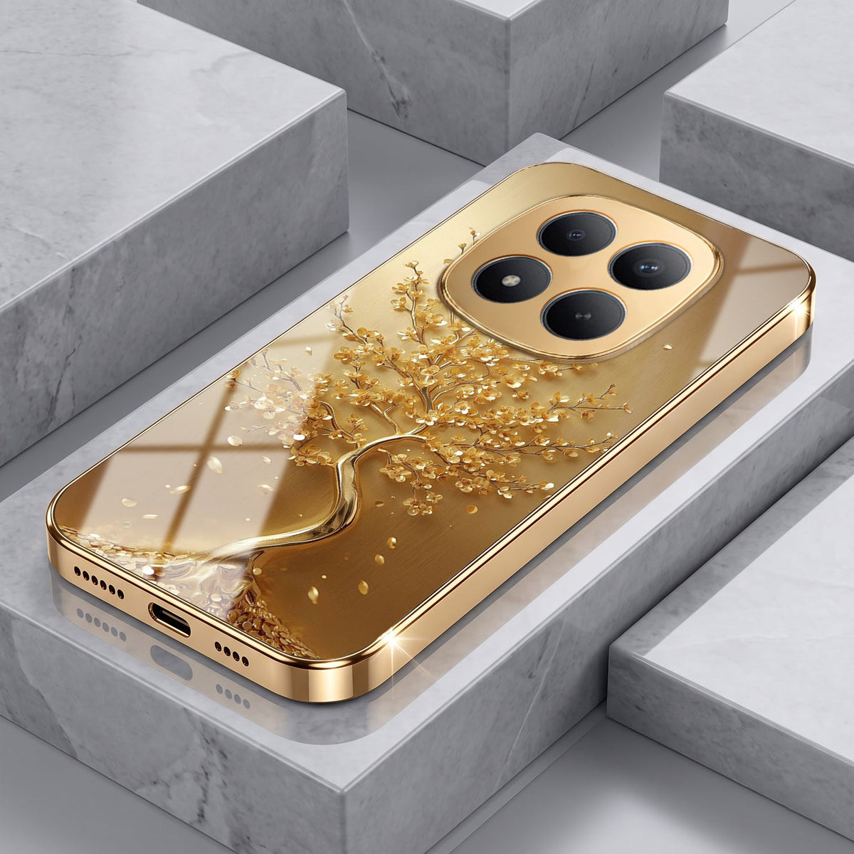 Redmi Note 15 Pro+ 5G Golden Tree Gold Electroplated Glass Phone Back Case