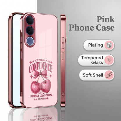 Vivo V70 FE 5G Luxury Cherry Bow Pink Electroplated Glass Phone Back Case