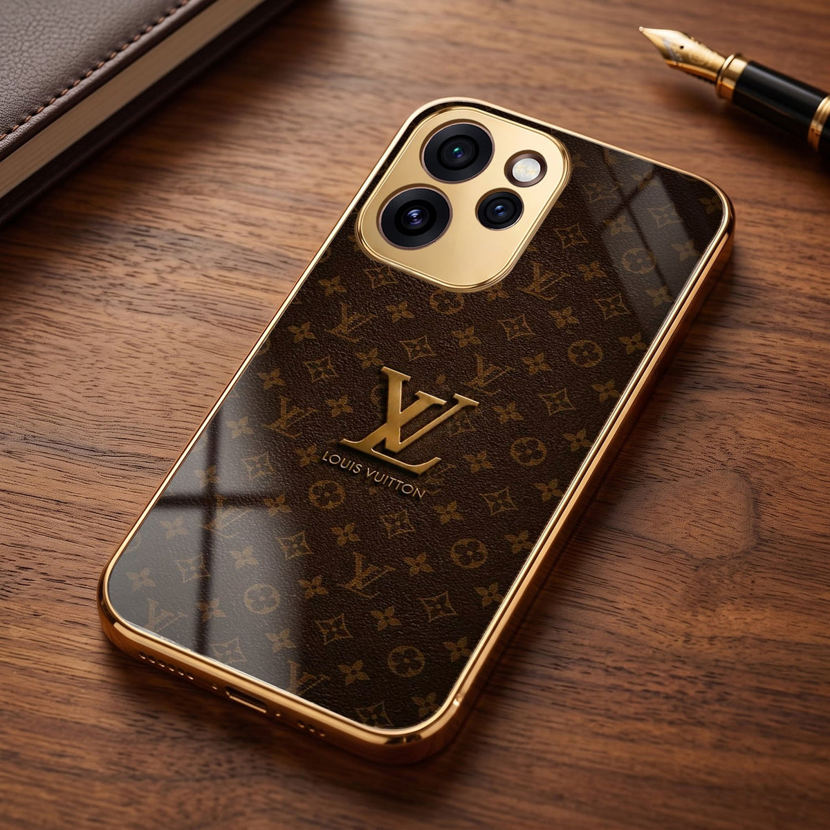 Oppo Reno 15 Pro Mini 5G LV Brown Monogram Gold Electroplated Glass Phone Back Case