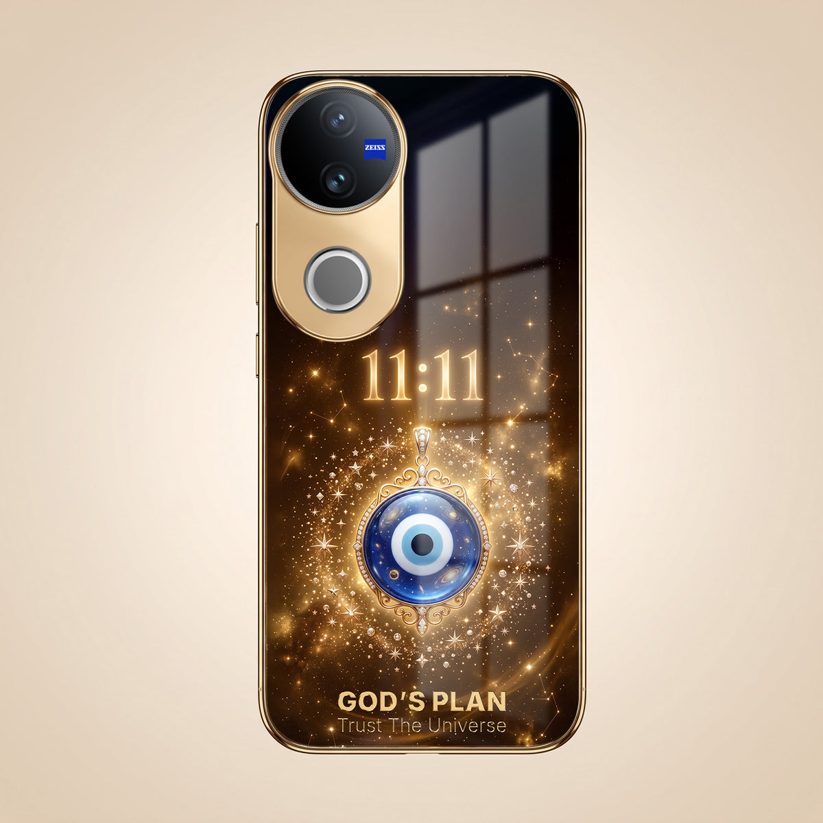 Vivo V50 5G God’s Plan Evil Eye Gold Electroplated Glass Phone Back Case