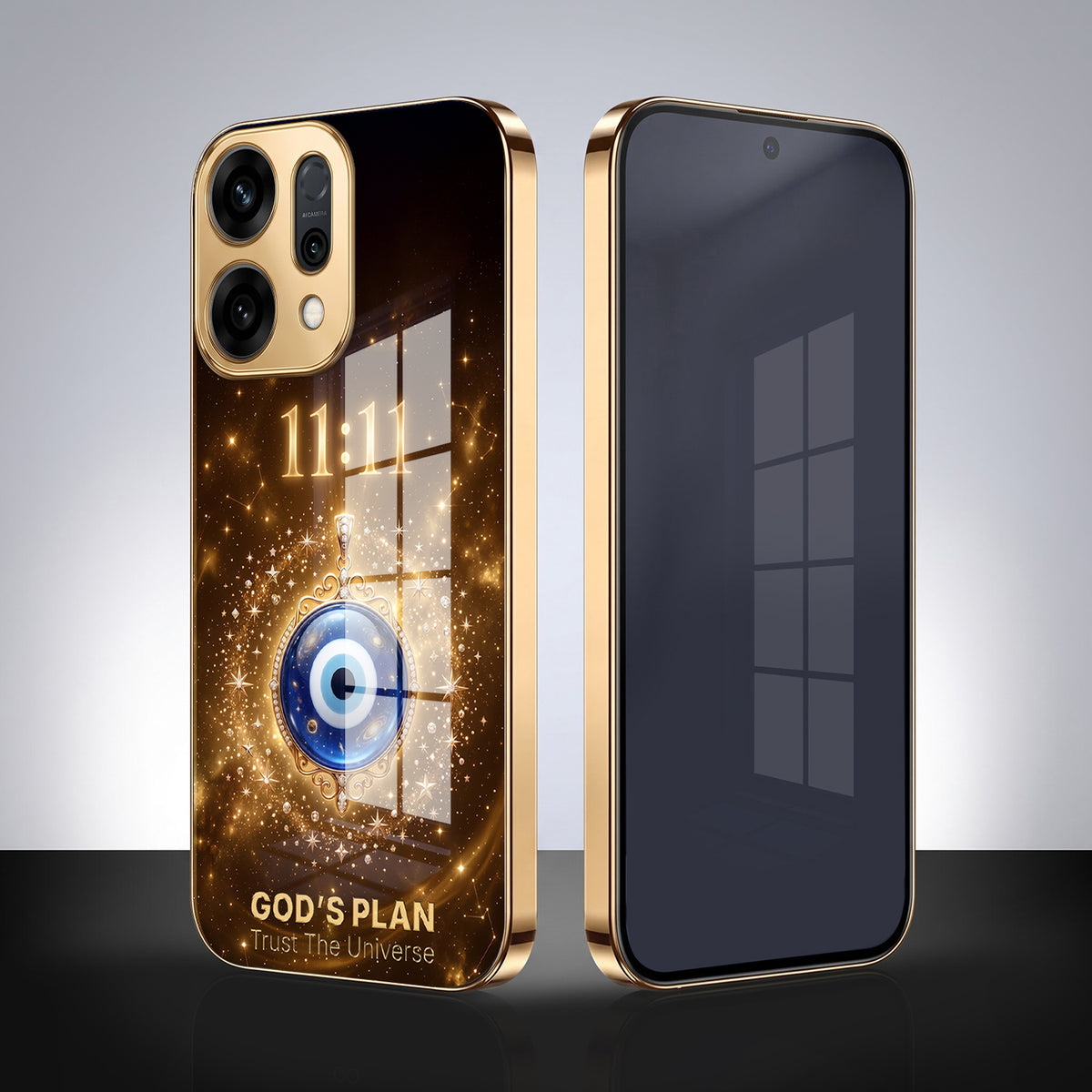 Oppo Reno 14 5G God’s Plan Evil Eye Gold Electroplated Glass Phone Back Case