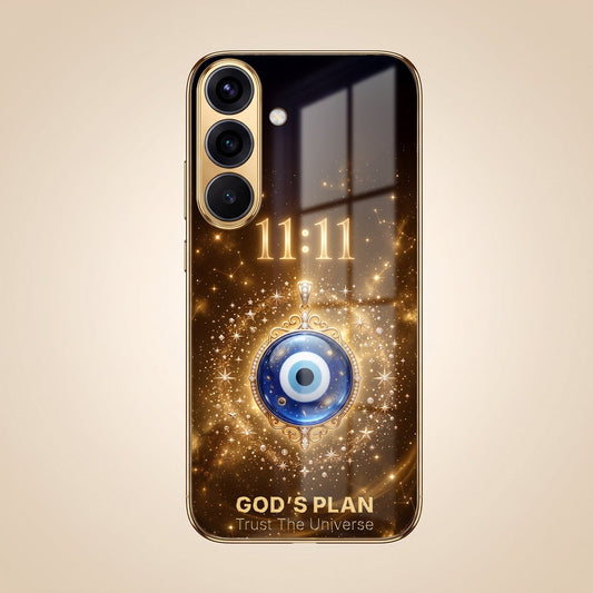 Samsung Galaxy A56 5G God’s Plan Evil Eye Gold Electroplated Glass Phone Back Case
