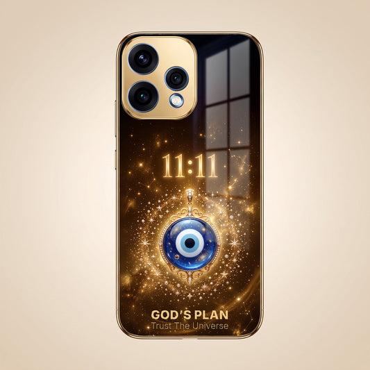 Oppo Reno 15 5G God’s Plan Evil Eye Gold Electroplated Glass Phone Back Case