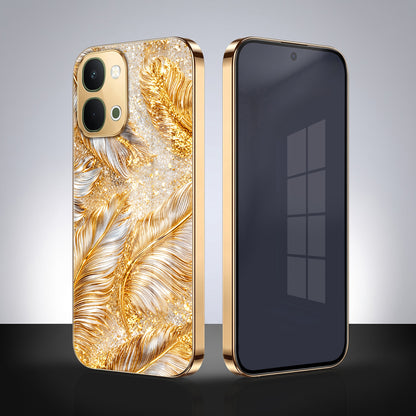 Vivo T5x 5G Golden Feather Marble Gold Electroplated Glass Phone Back Case
