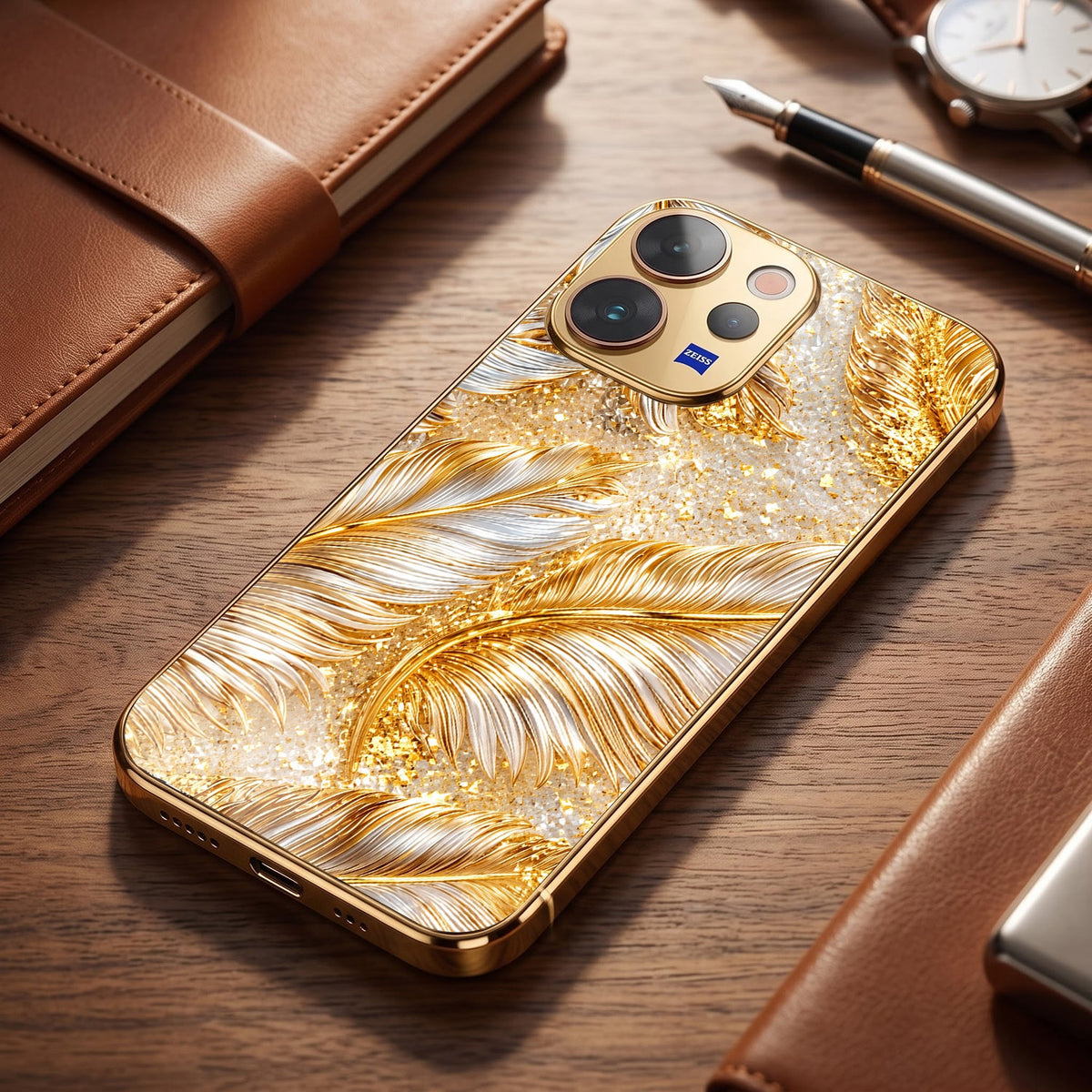 Vivo V70 5G Golden Feather Marble Gold Electroplated Glass Phone Back Case
