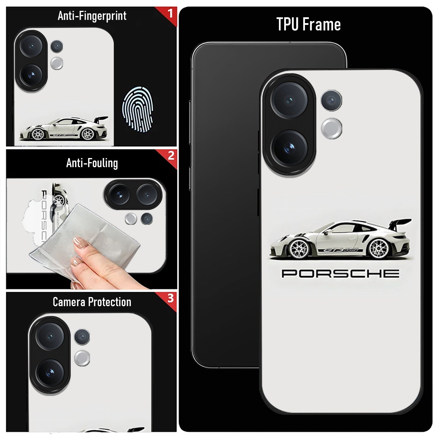 Vivo V60 5G Phone case with Porsche logo featuring TPU frame, anti-fingerprint, and camera protection features.