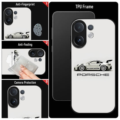 Vivo V60 5G Phone case with Porsche logo featuring TPU frame, anti-fingerprint, and camera protection features.