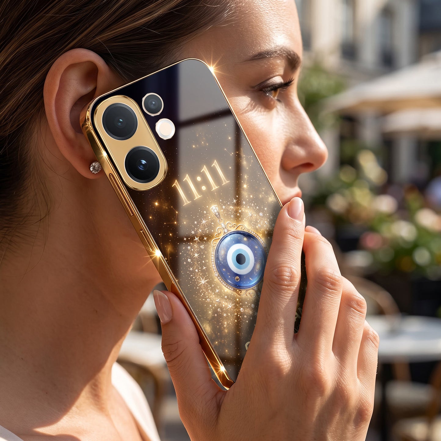 Vivo V60 5G God’s Plan Evil Eye Gold Electroplated Glass Phone Back Case