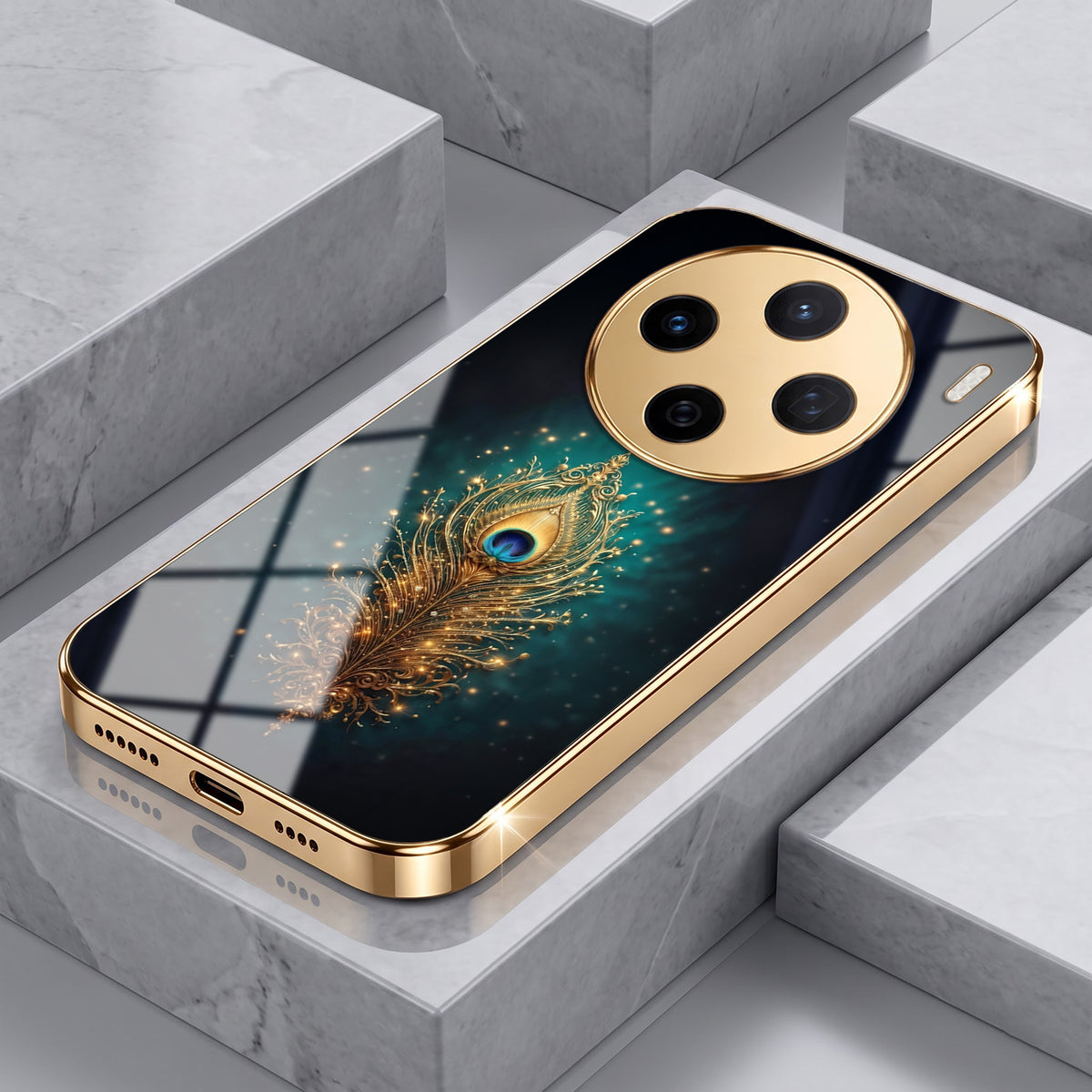 Vivo X200 5G Golden Peacock Feather Gold Electroplated Glass Phone Back Case