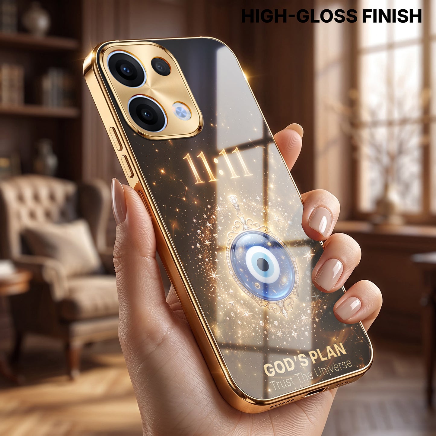 Oppo Reno 13 5G God’s Plan Evil Eye Gold Electroplated Glass Phone Back Case