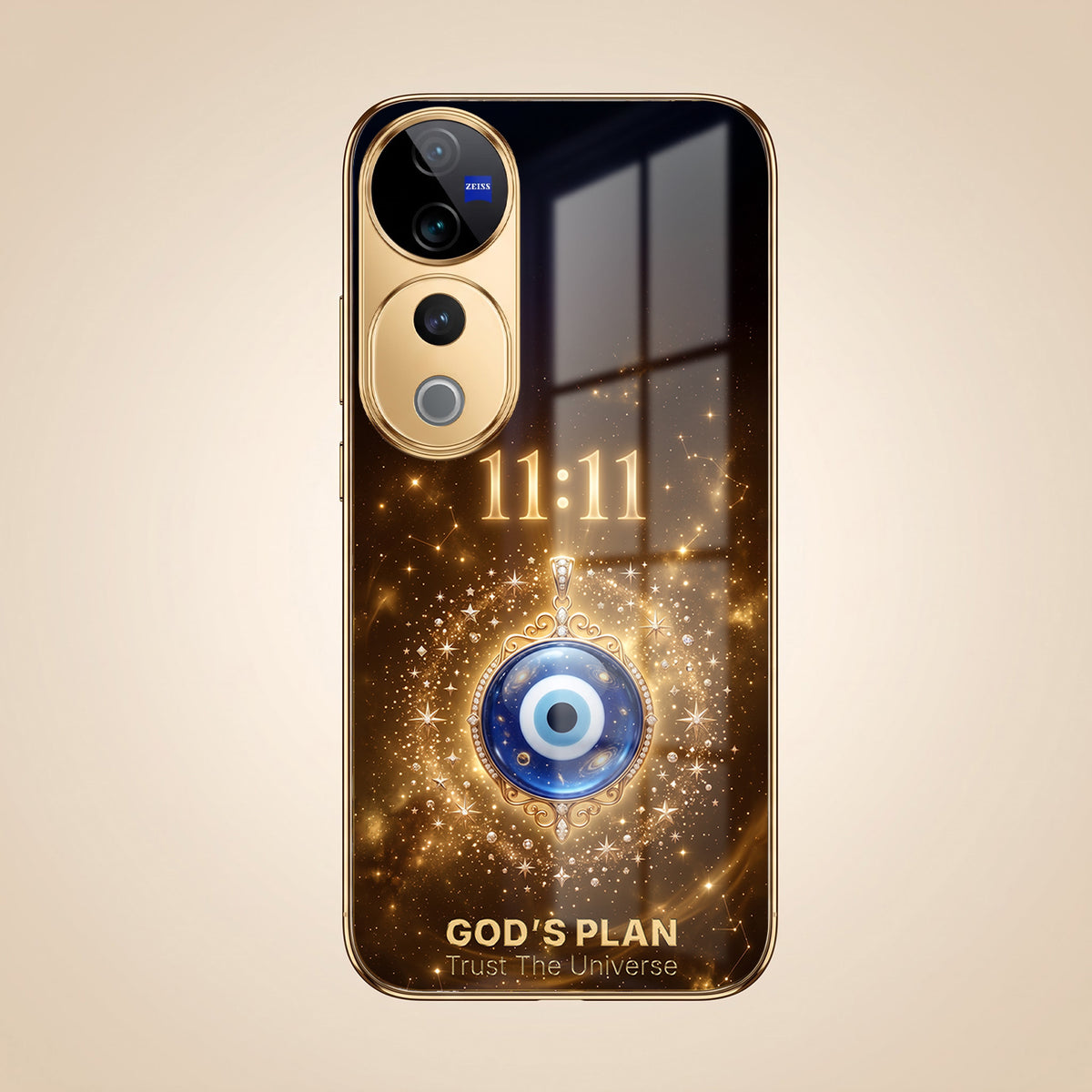 Vivo V40 Pro 5G God’s Plan Evil Eye Gold Electroplated Glass Phone Back Case