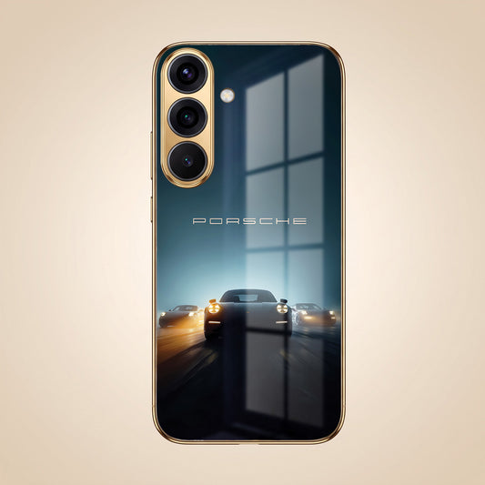 Samsung Galaxy A36 5G Porsche Luxury Gold Electroplated Glass Phone Back Case